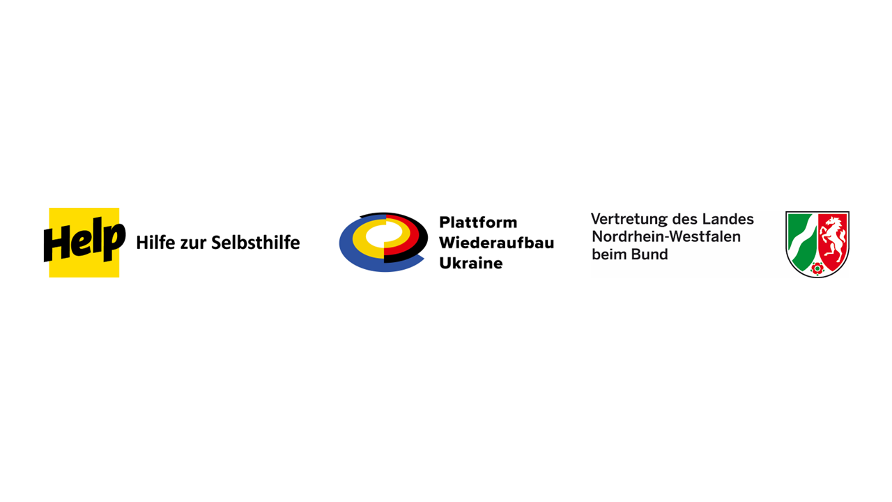 Logos: Help – Hilfe zur Selbsthilfe e.V., Plattform Wiederaufbau Ukraine, Vertretung des Landes Nordrhein-Westfalen beim Bund