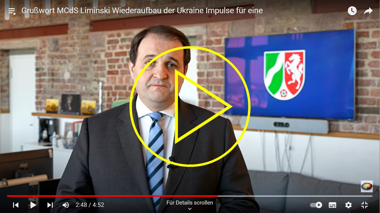 Standbild aus dem Grußwort von Nathanael Liminski, Minister für Bundes- und Europaangelegenheiten, Internationales sowie Medien des Landes Nordrhein-Westfalen und Chef der Staatskanzlei