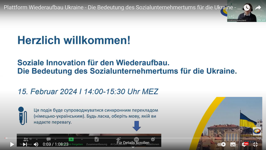 Standbild aus dem Video der Veranstaltung: Soziale Innovation für den Wiederaufbau. Die Bedeutung des Sozialunternehmertums für die Ukraine