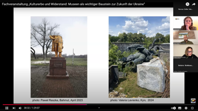 Russlands Angriffe machen auch nicht Halt vor russischem Kulturgut in der Ukraine – zerstörte Statue von Maxim Gorki in Bachmut (Bild 1); Skulpturen „russischer Helden“ aus Museum in Kyjiw. Museumsmitarbeiter*innen prüfen nun ihre Verwendung (Bild 2)