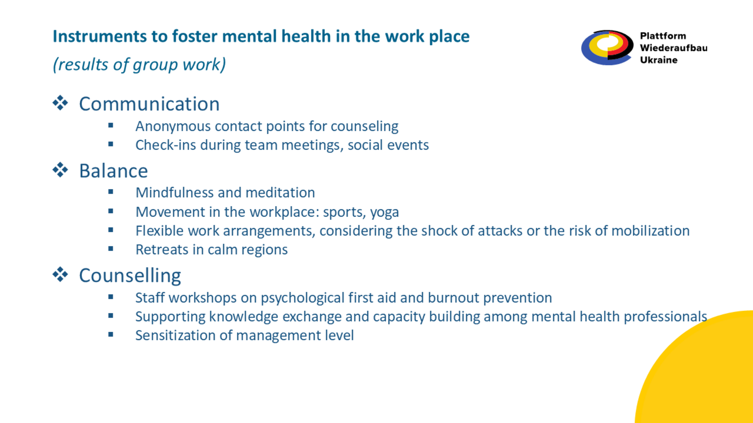 Instruments to foster mental health in the work place