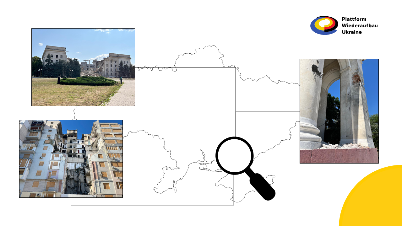 An illustration with the map of Ukraine and pictures of Cherson