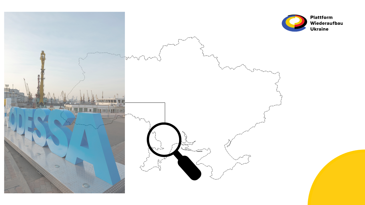 Grafik von Ukraine mit Foto von Odessa.