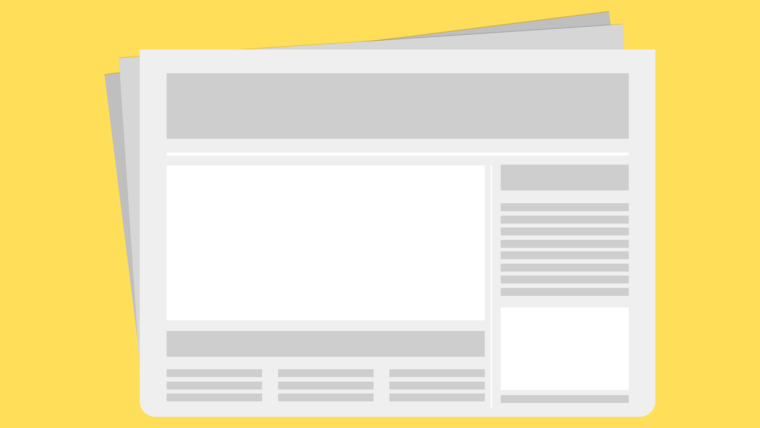 Schwarz-weiße Linienzeichnung einer aufgefalteten Zeitung mit mehreren Textspalten und einem großen leeren Bildfeld.