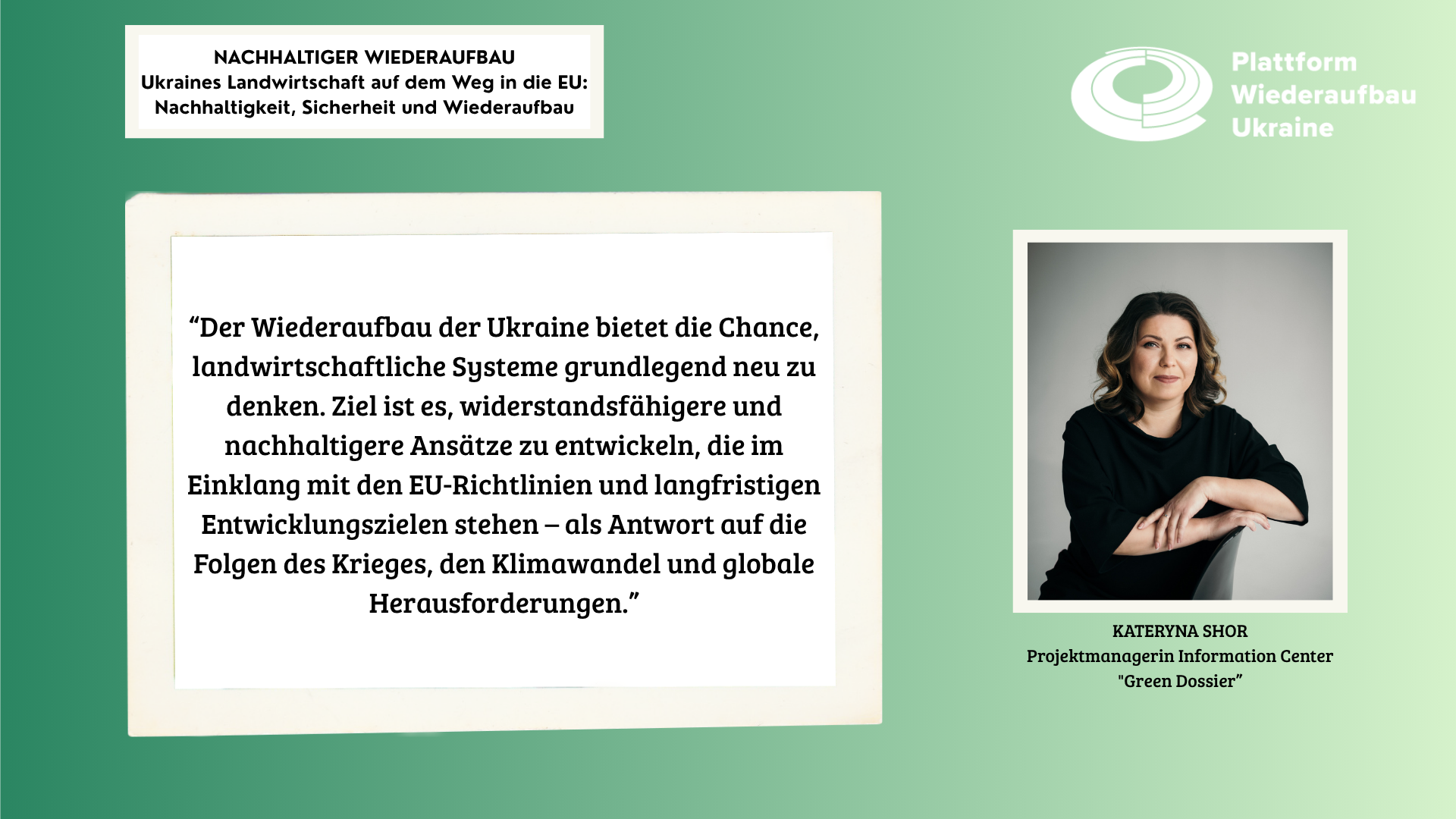 Grafik mit einer Portrait von einer Frau rechts und einem Zitat links.