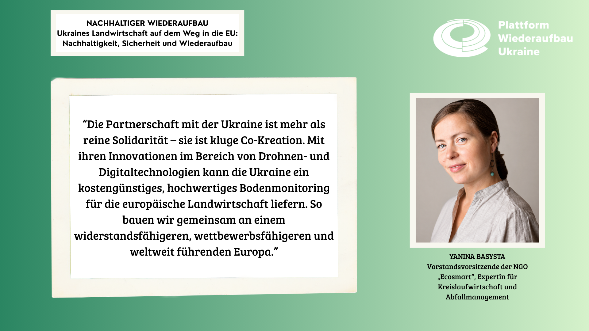Grafik mit einer Portrait von einer Frau rechts und einem Zitat links.