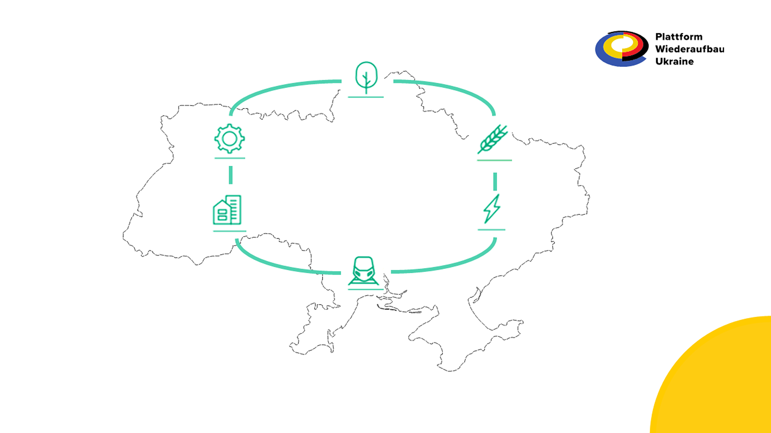 Grafik der Ukraine mit verschiedenen strom-bezogenen Icons.