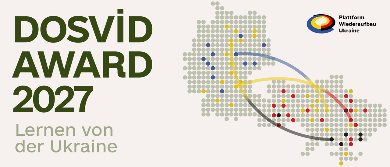 Punktmuster in Form der Ukraine mit farbigen Linien und dem Text 'DOSVID AWARD 2027 Lernen von der Ukraine'.